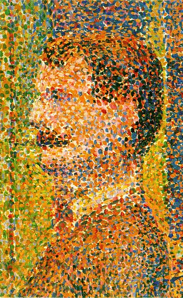 Detail from Seurat's La Parade de Cirque (1889), showing the contrasting dots of paint used in pointillism.