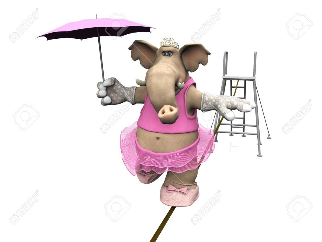 Elefante rosa sobre cuerda floja
